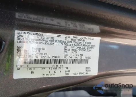 2014 Ford Focus Se из США, поврежденный, VIN 1FADP3K20EL292855